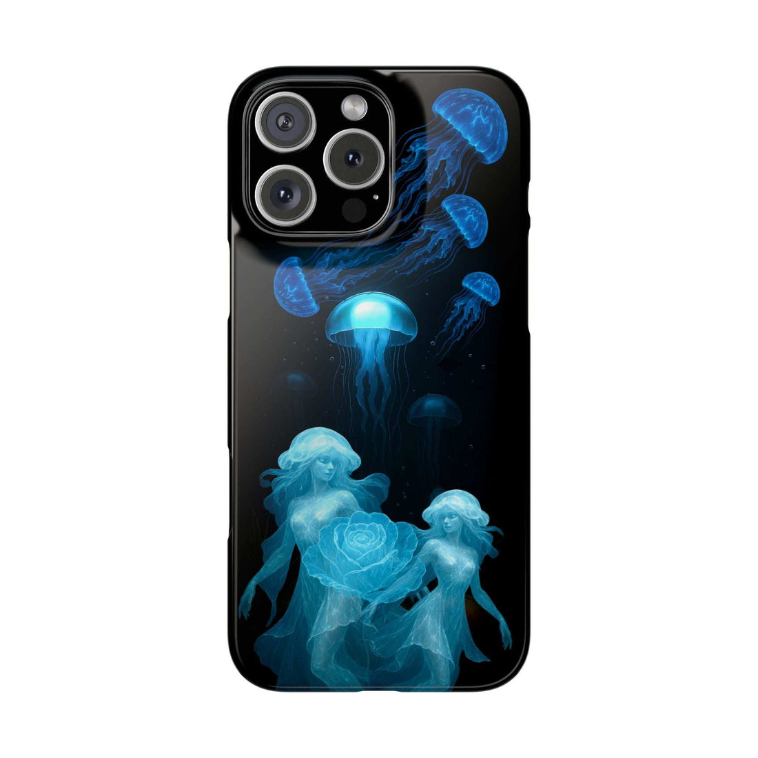 Phone case with blue jellyfish artwork and camera cutouts on the back