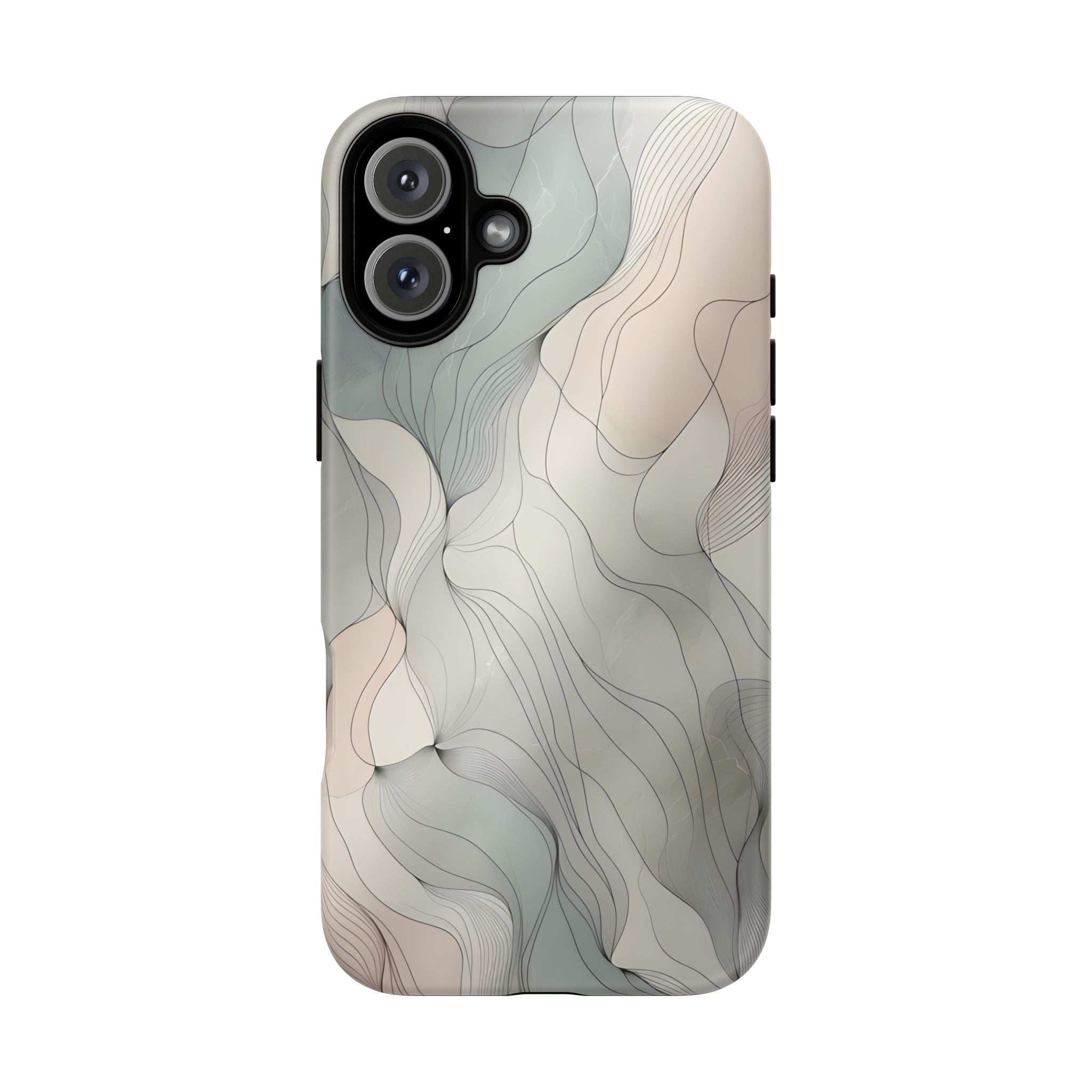 Pastel wave phone case in light beige with blue-gray wave lines, dual camera cutouts