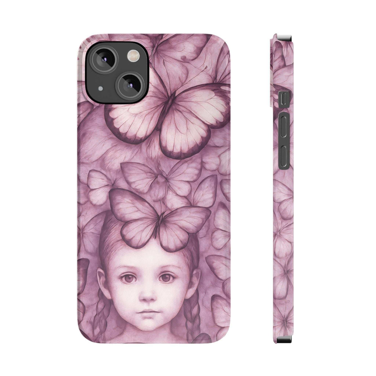 Purple phone case with butterfly and young girl portrait; visible camera openings and side port.
