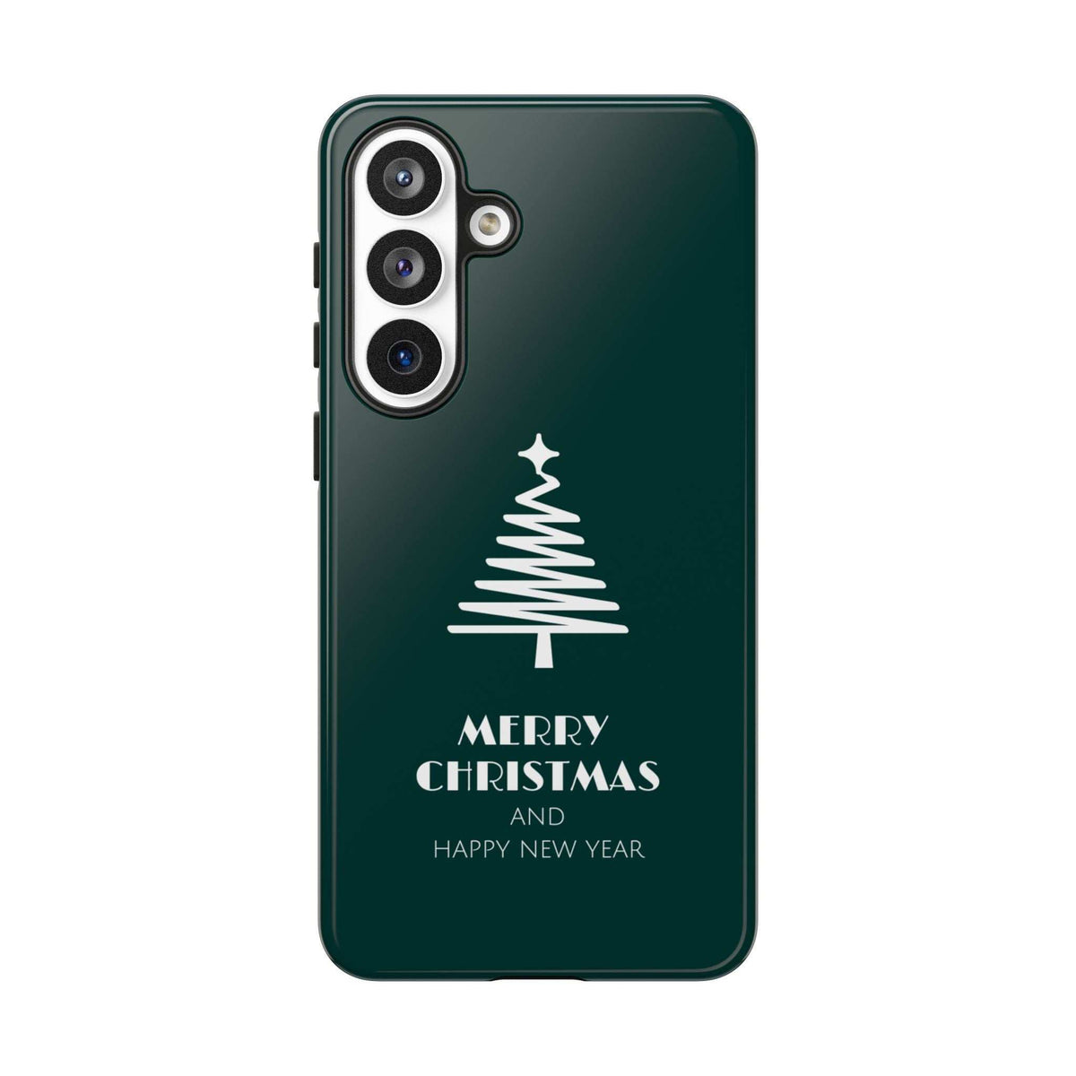 Green phone case with Christmas tree graphic, Merry Christmas and Happy New Year text
