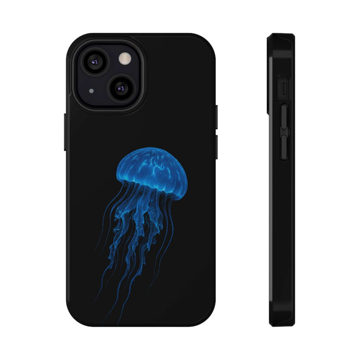 Black phone case with blue jellyfish graphic and side profile, camera cutouts on back