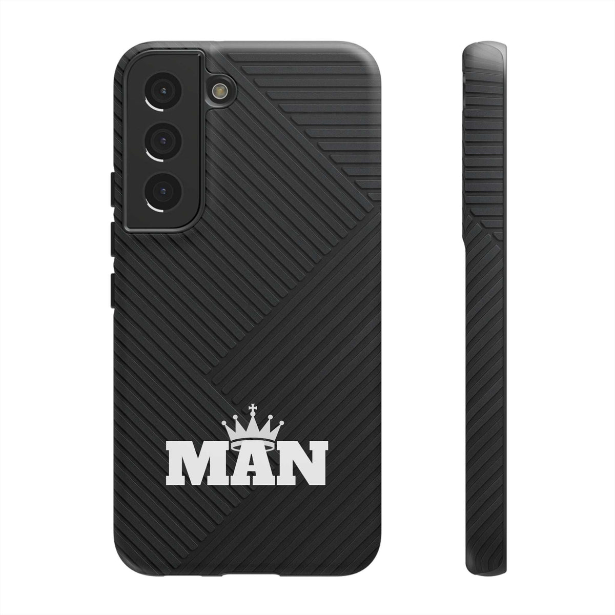 Black phone case with textured diagonal pattern, MAN logo, and raised camera openings.