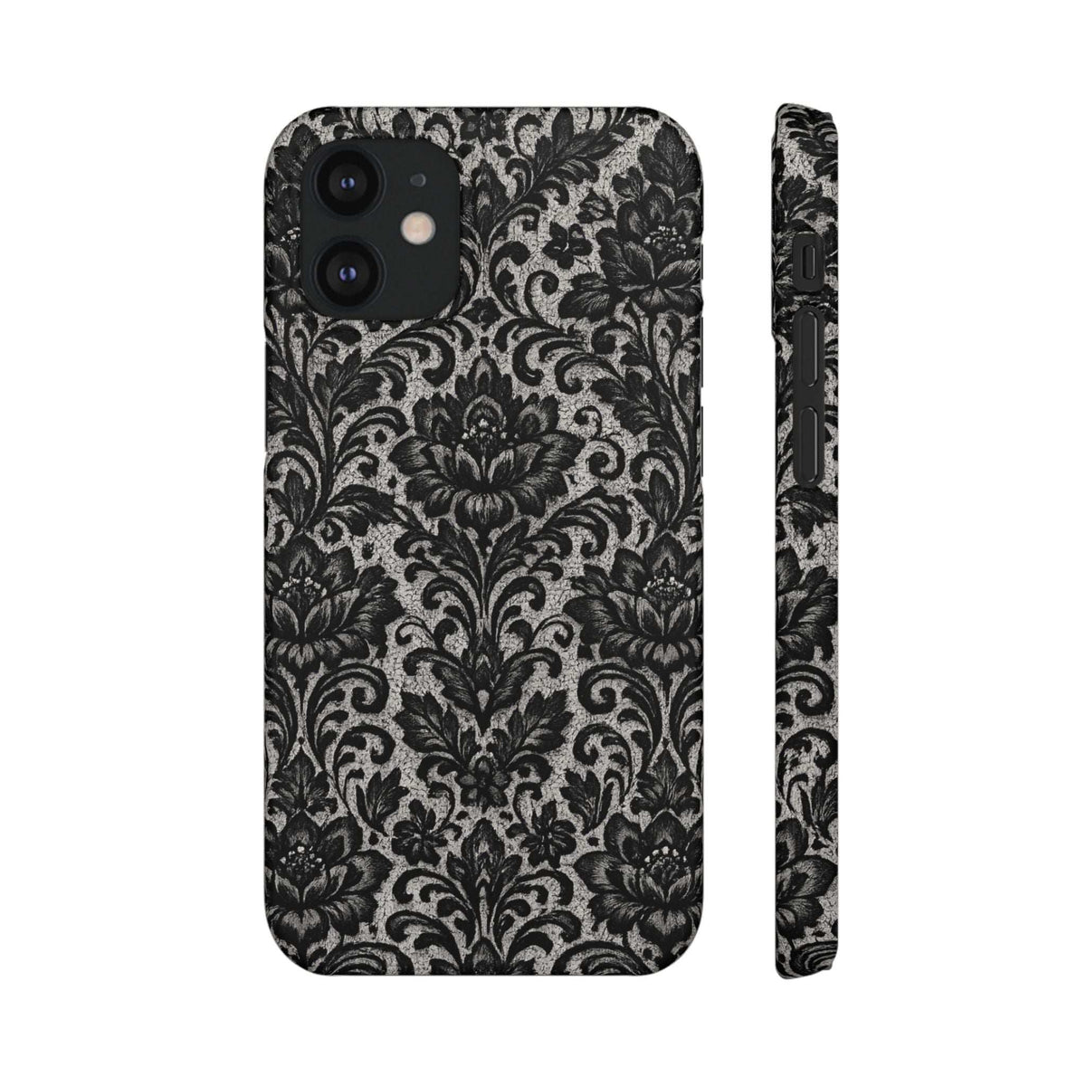 Black damask floral phone case back with camera openings and side profile