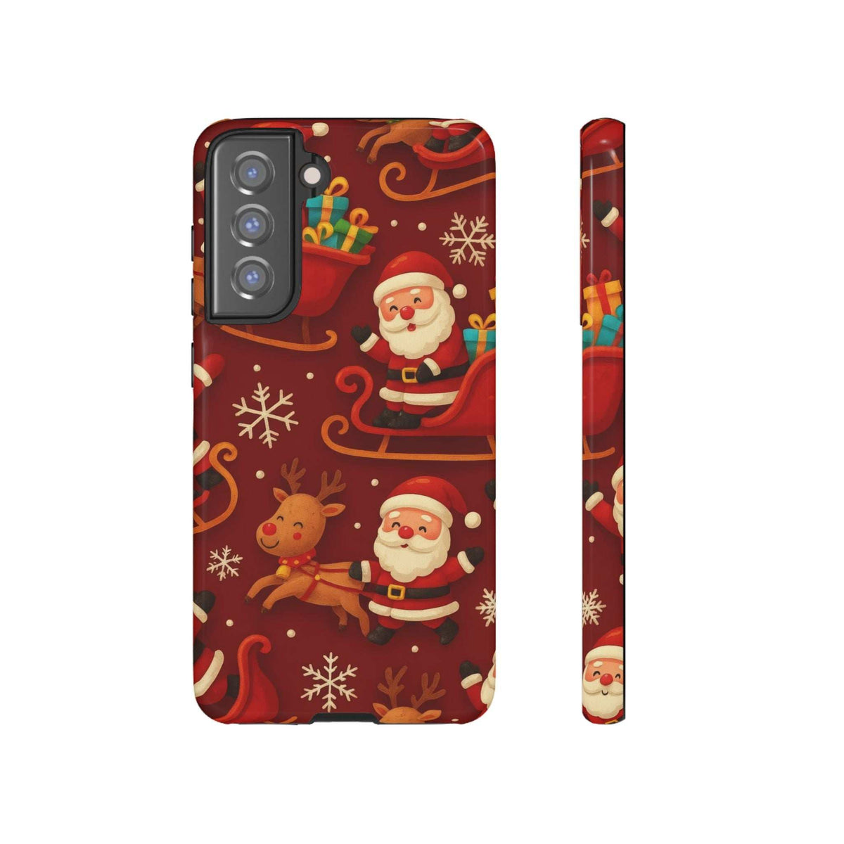 Santa, reindeer, and sleigh motif glossy red phone case with camera cutouts