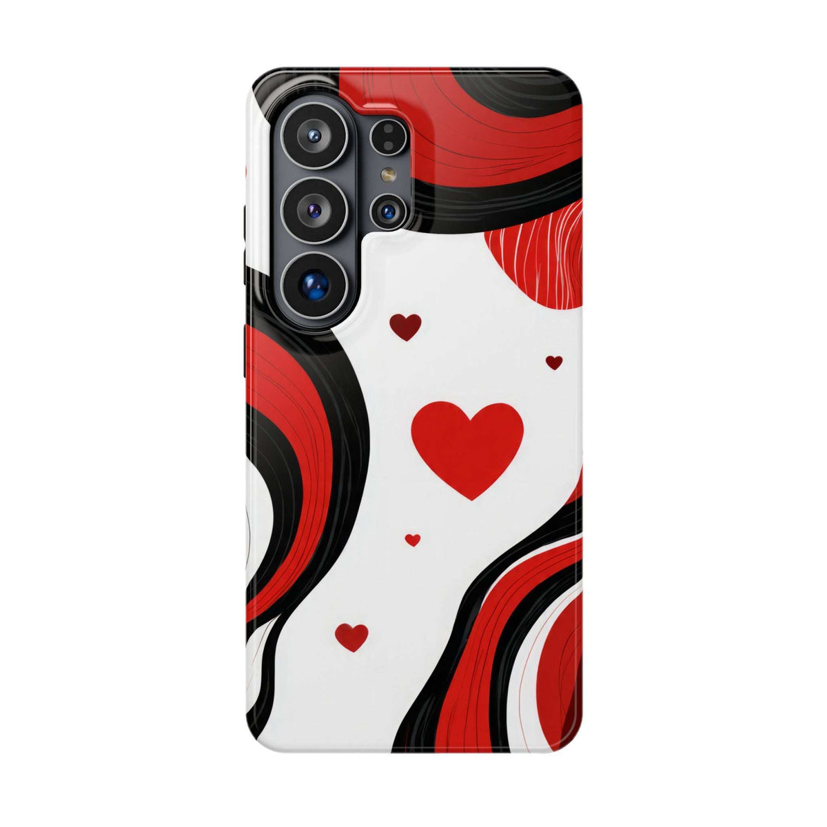 Glossy phone case with red heart designs and swirling red-black accents on white