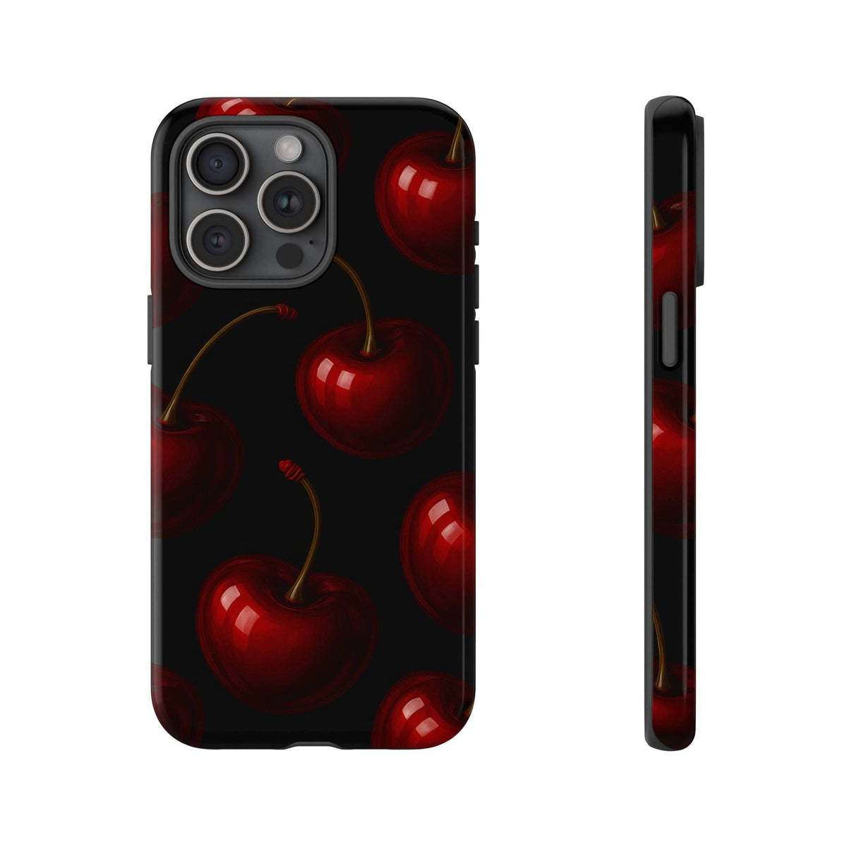 Cherry phone case with glossy finish, black base, red cherries artwork, camera and port openings.