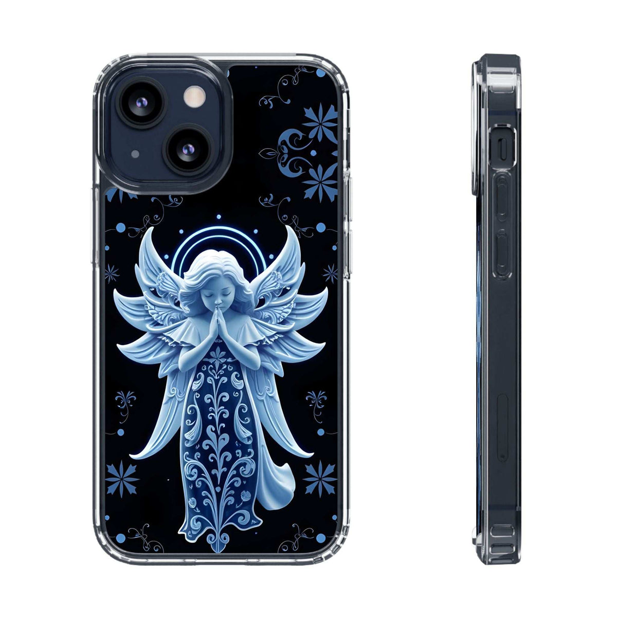 Phone case with blue angel prayer graphic and dark floral swirl pattern
