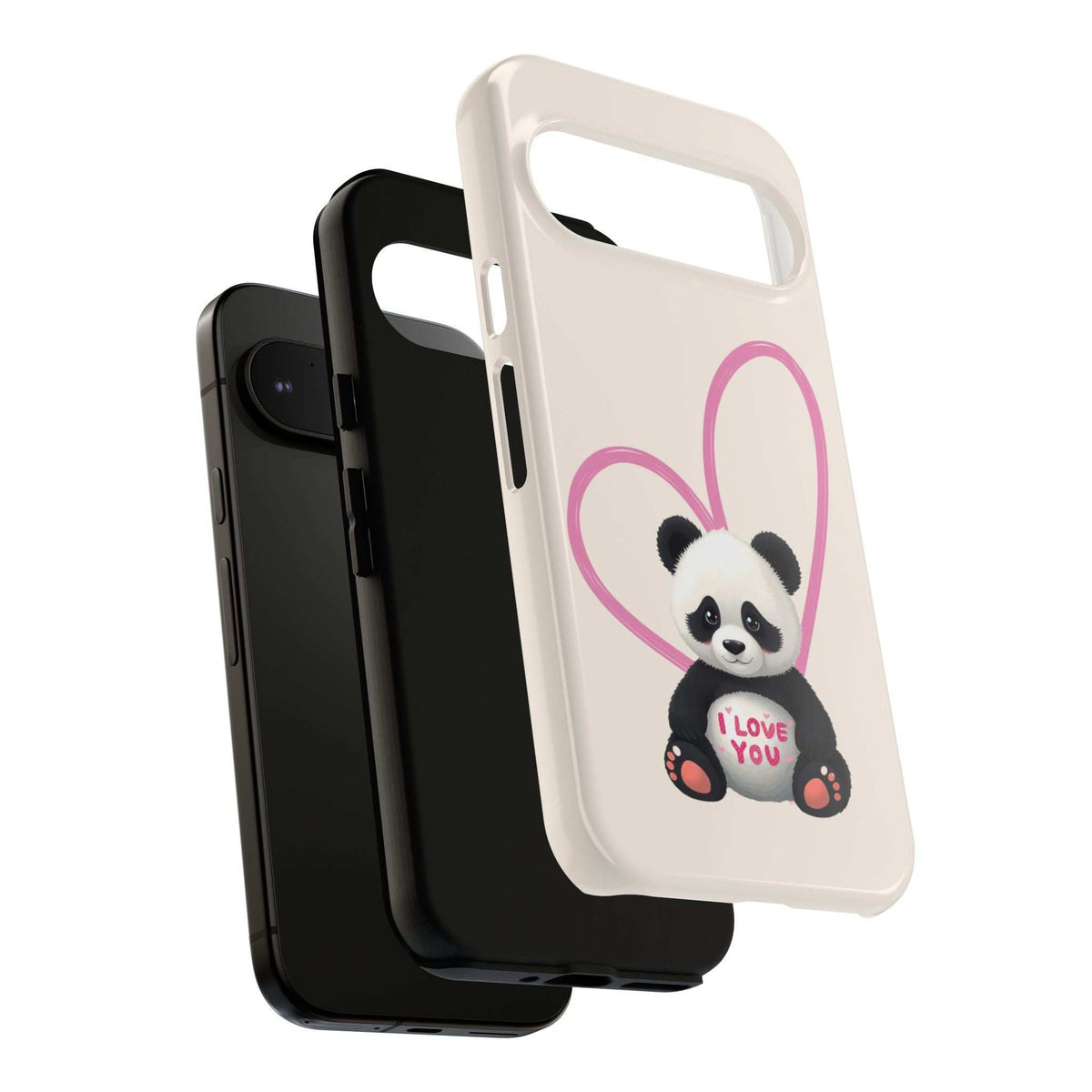 Cute panda heart phone case with pink heart outline and love you heart graphic