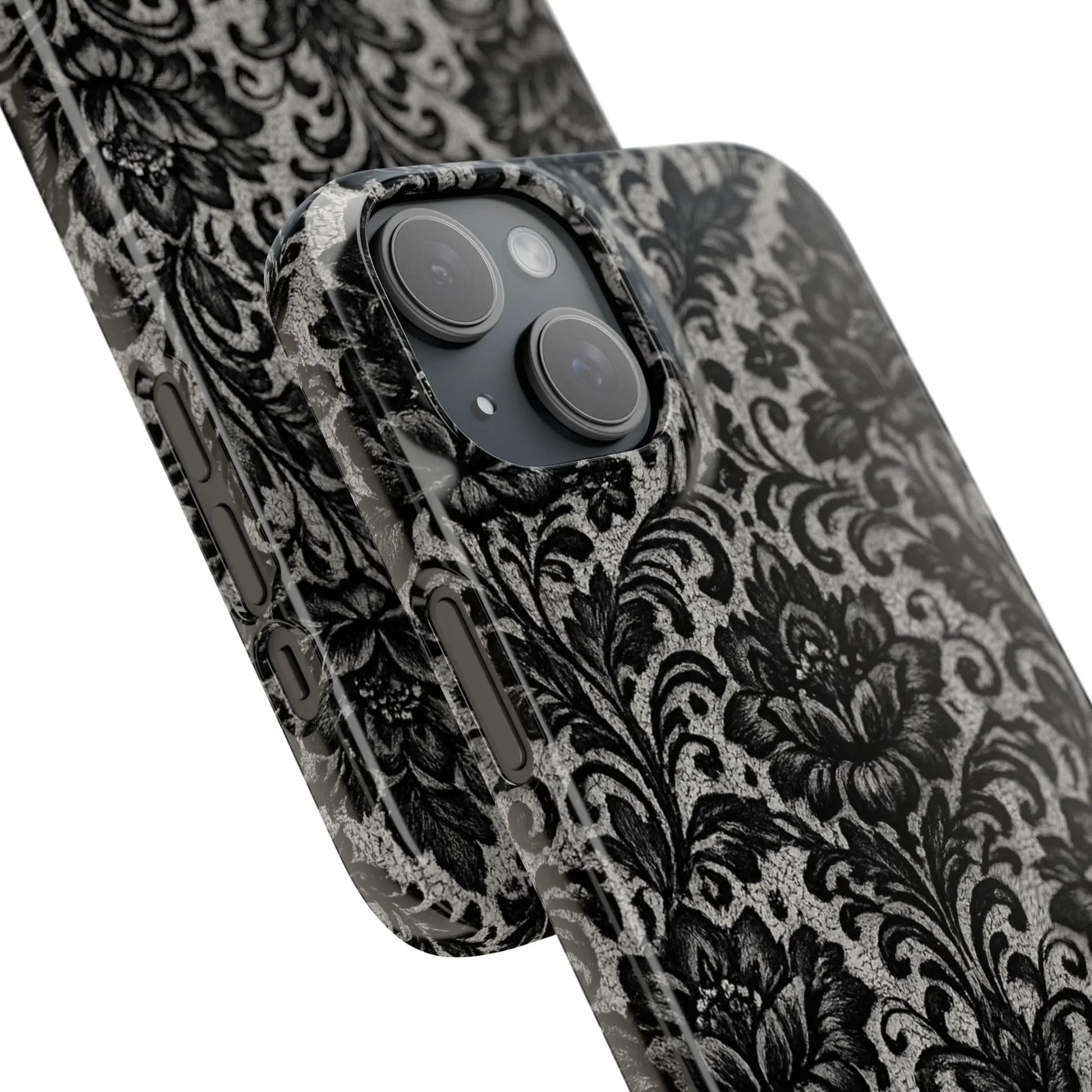 Black Damask Floral Phone Case for iPhone 11-17 and Galaxy S20-S25 - KARARMDESIGN