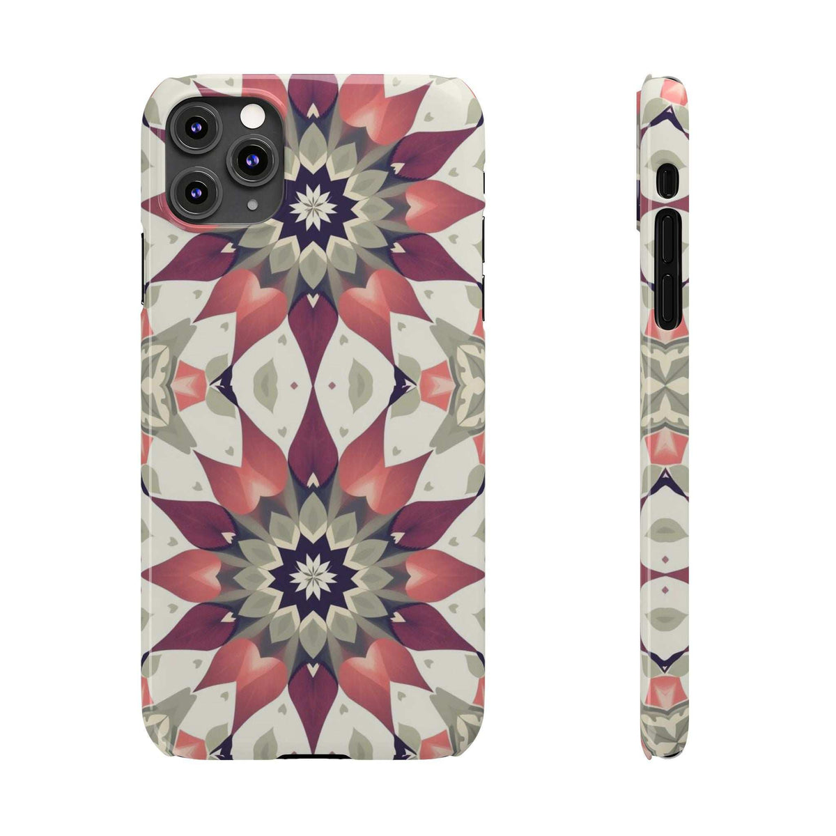 iPhone phone case with burgundy and navy mandala flower pattern over cream base