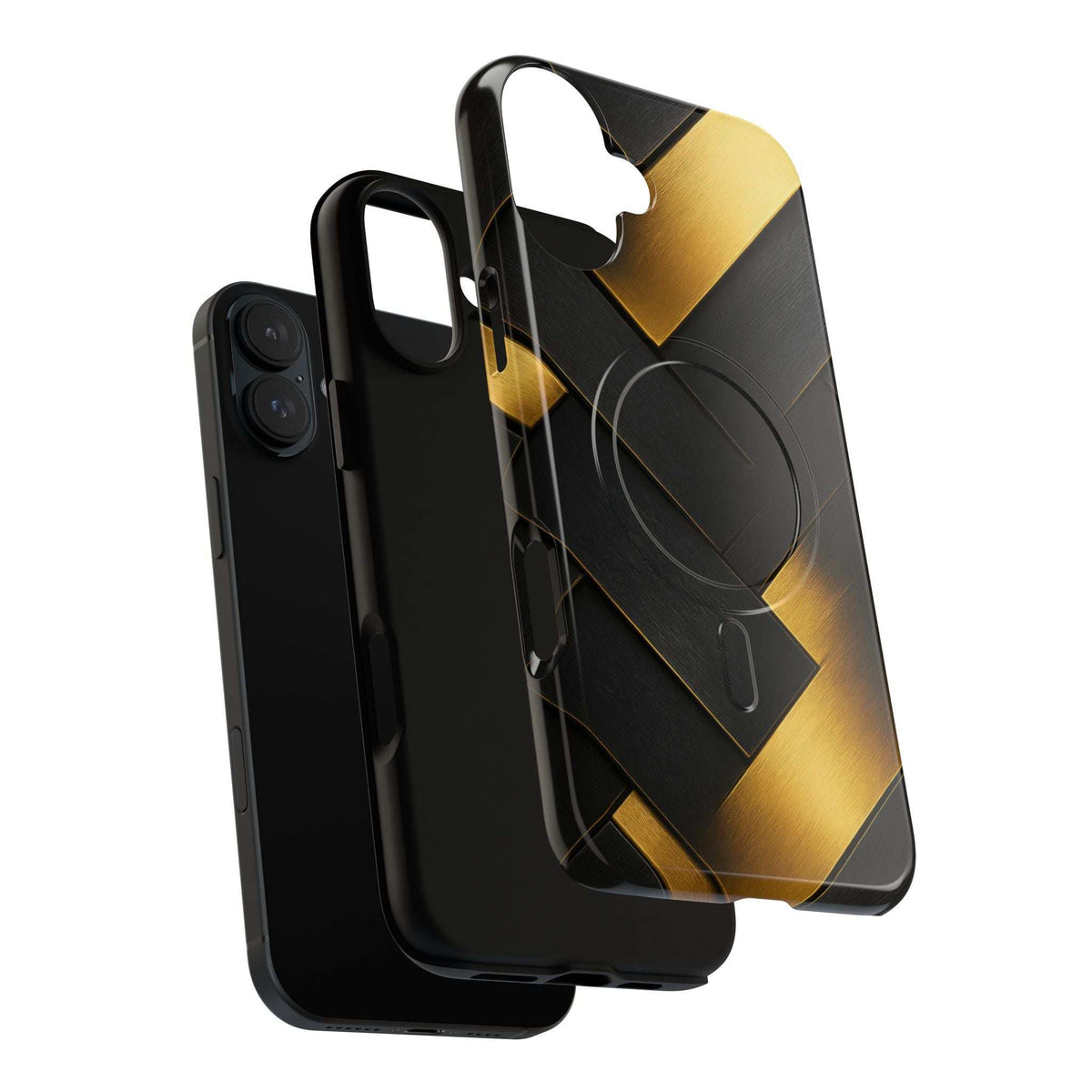 Glossy golden grid phone case with black accents, for iPhone 13-17, camera cutouts