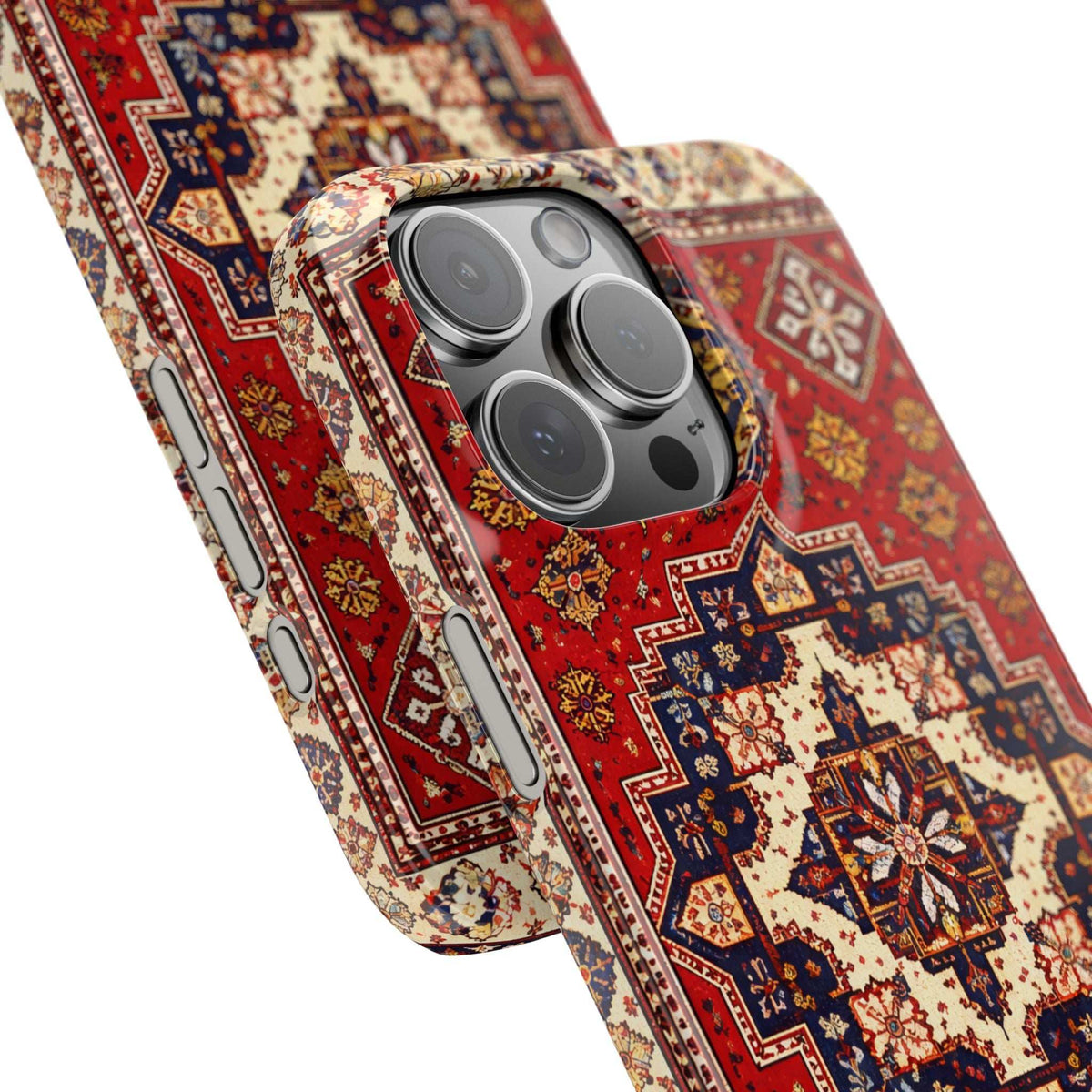 Armenian carpet pattern phone case angled view, red background with ornate blue motif