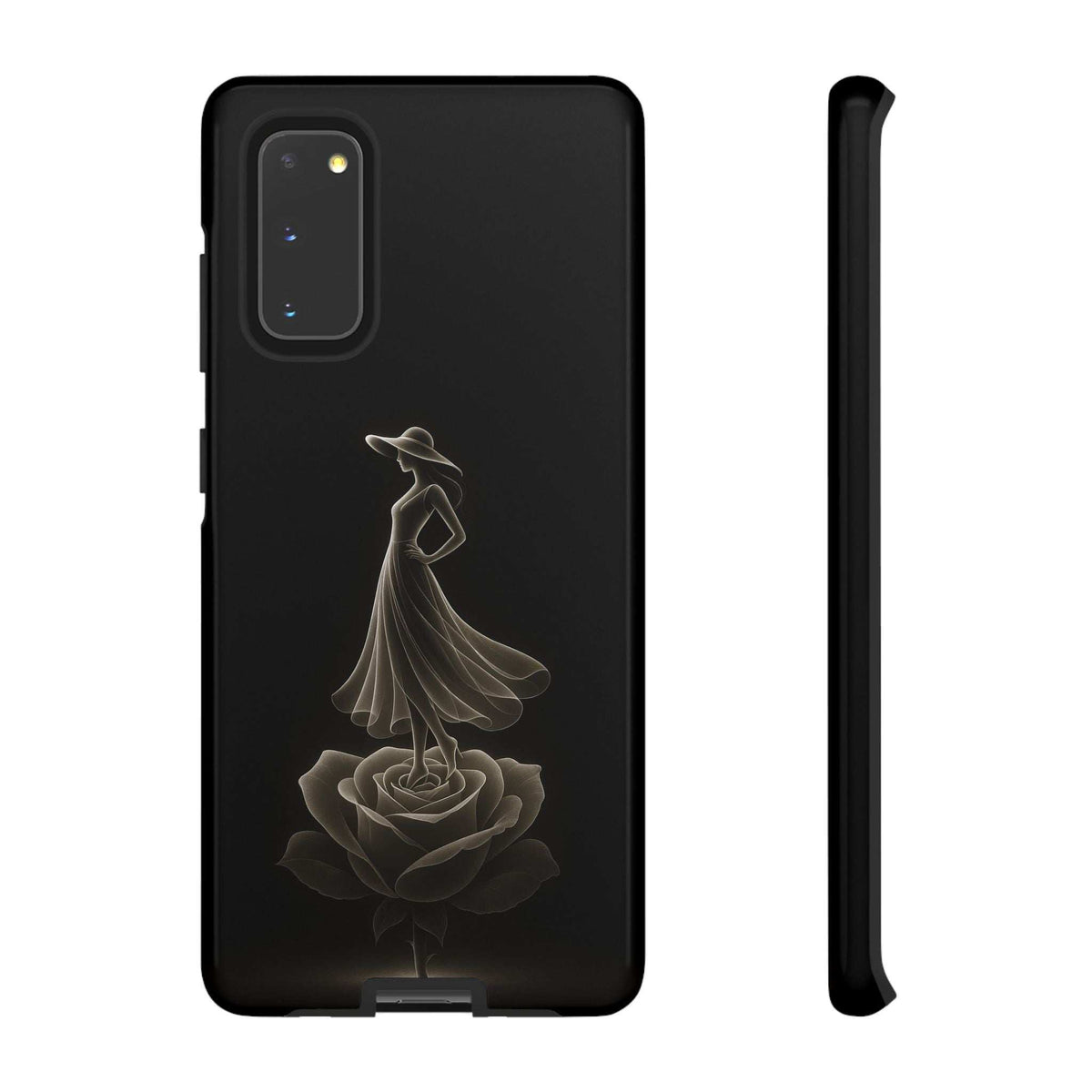 Black glossy phone case with lady and rose design; front corner and side profile