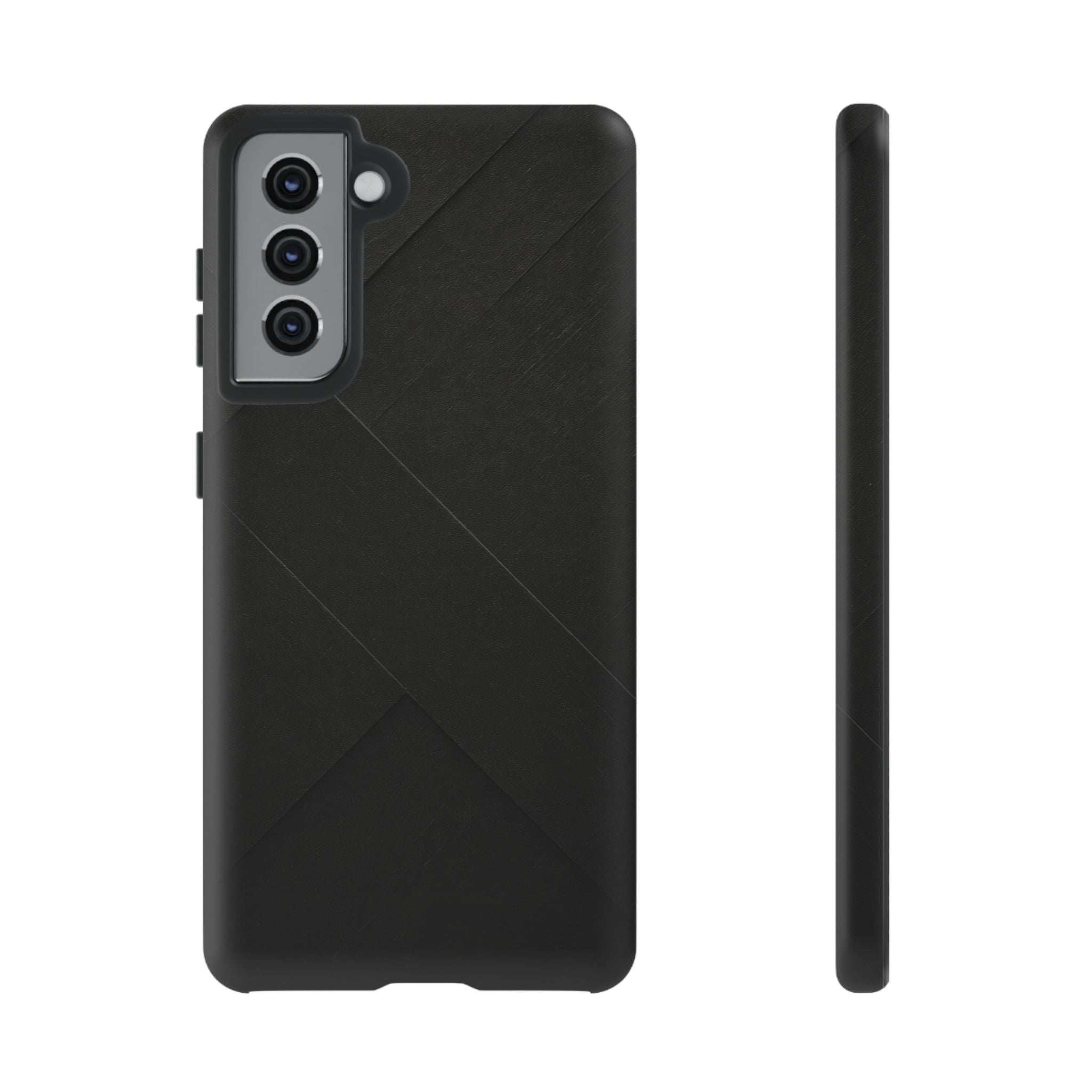 Matte black phone case with diagonal line pattern and raised camera protection
