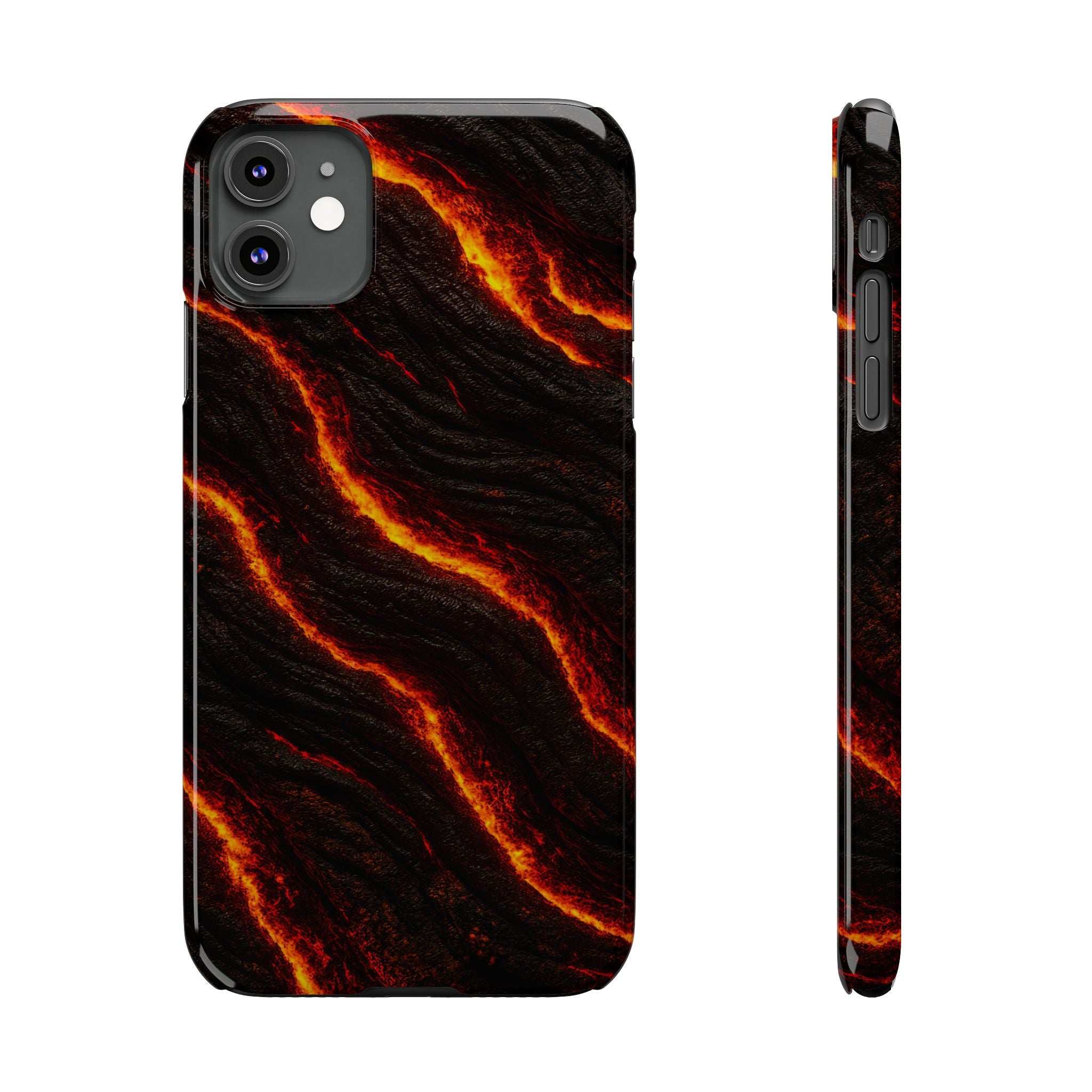 Black lava streak phone case with orange glow; side buttons and camera cutouts