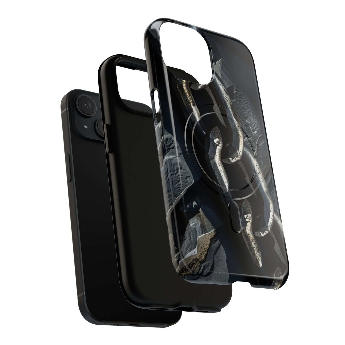 Magnetic phone case, dark iron chain design, raised edges around camera and buttons