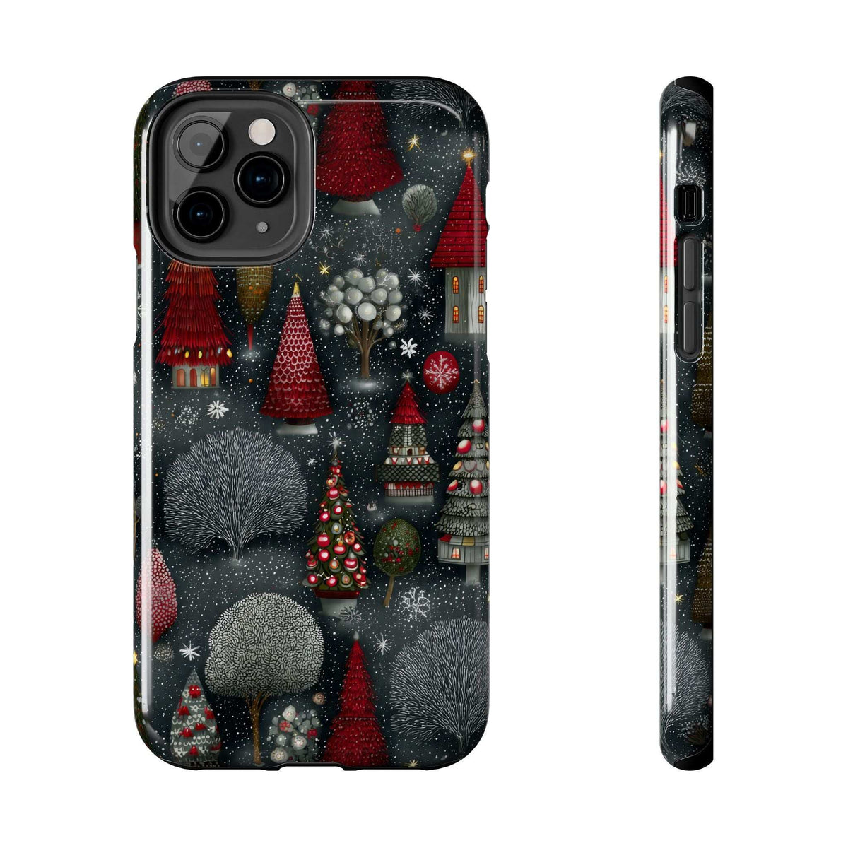 Winter forest themed phone case with frosted fir trees, red highlights, and snow