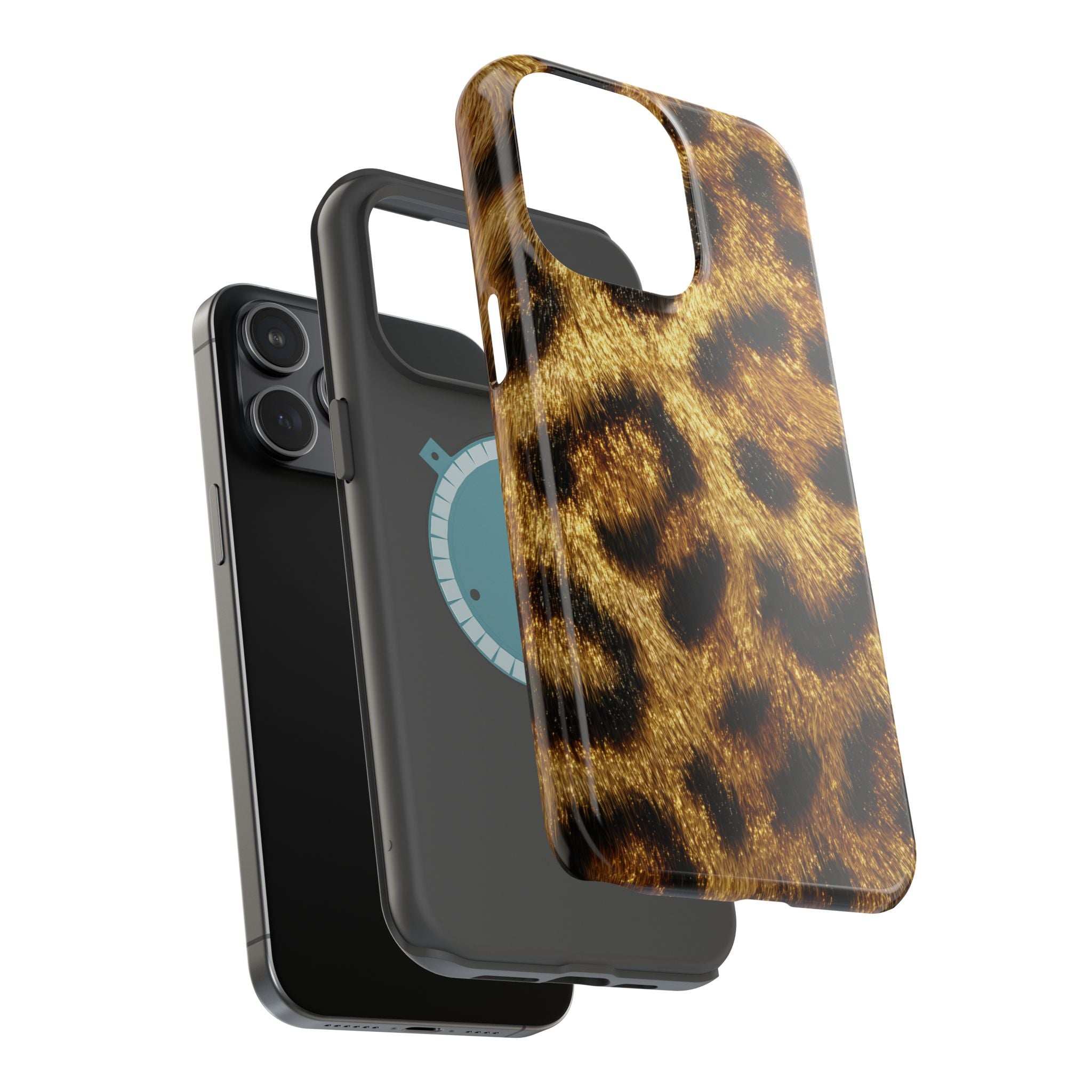 Leopard print phone case with glossy gold-brown spots and side button cutout