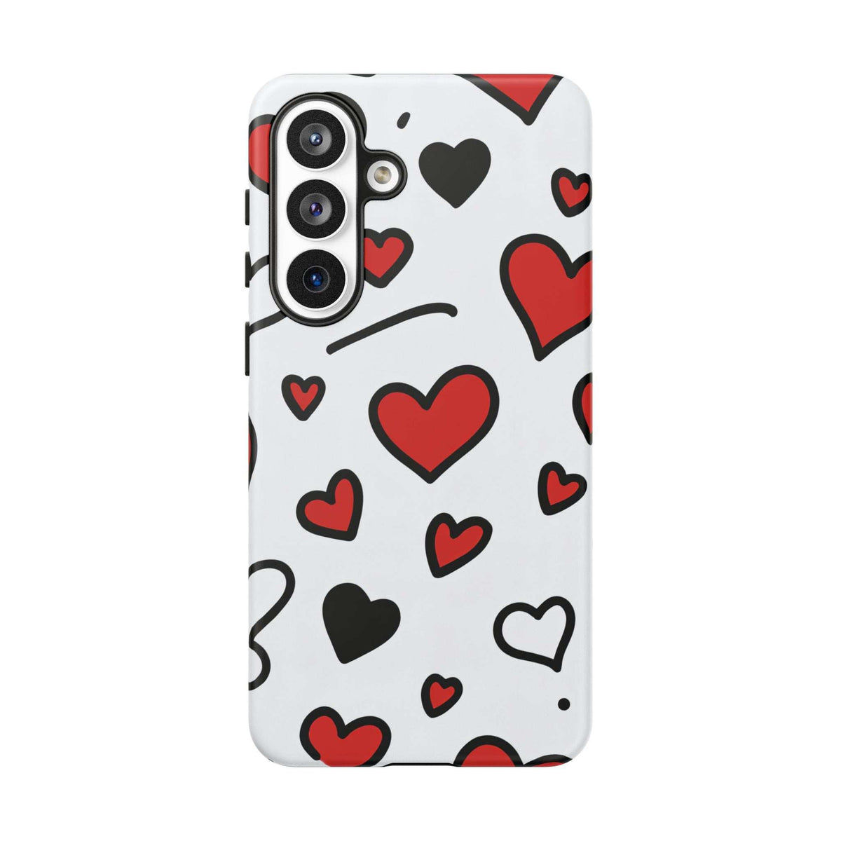 White phone case with scattered hearts; full back view with multi-lens camera