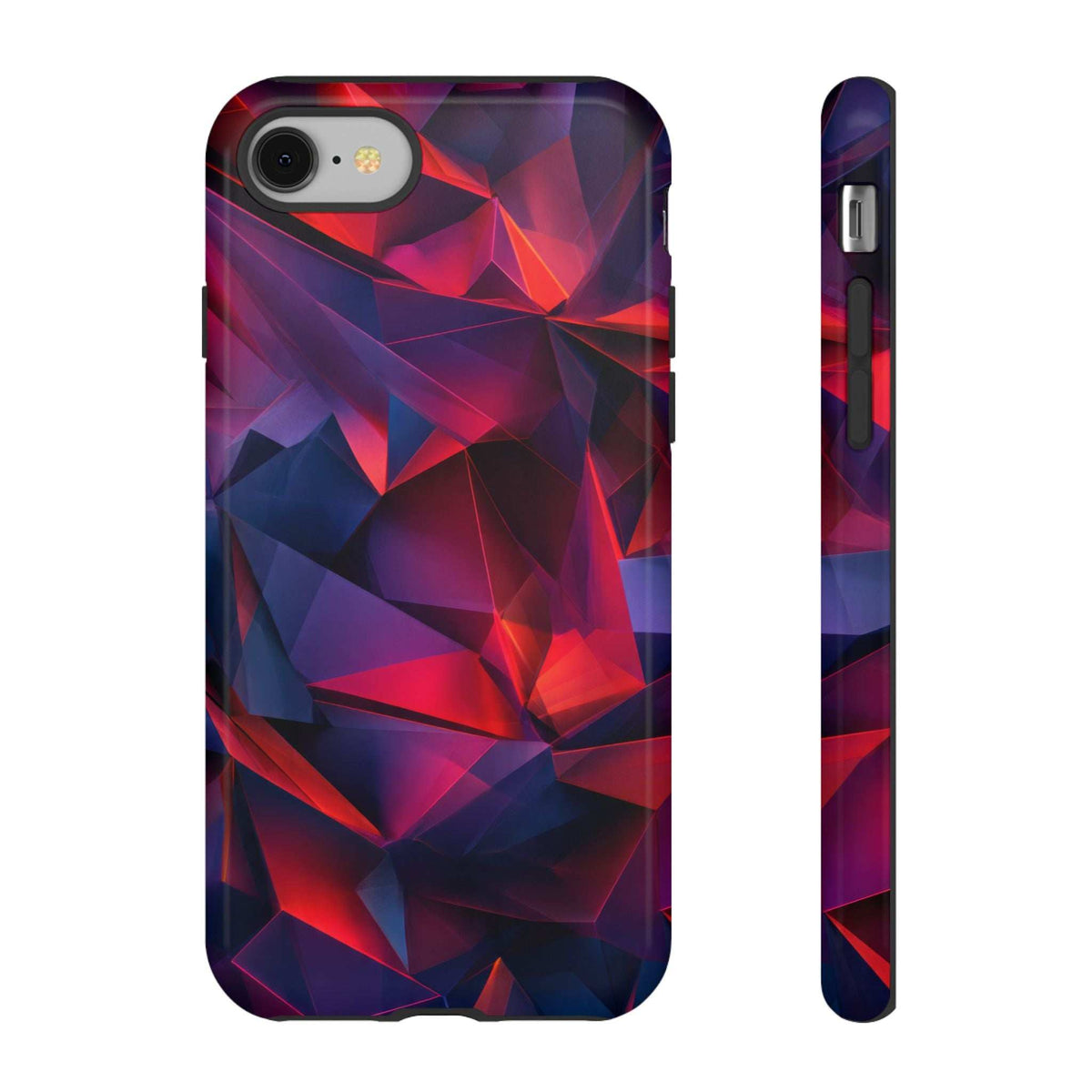 Glossy crystalline prism phone case, textured geometric design with side button cutout