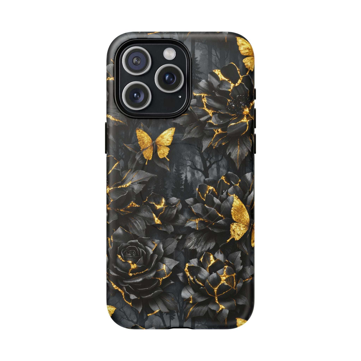 Phone case with black floral pattern, gold butterflies, and Kintsugi-style golden branching lines
