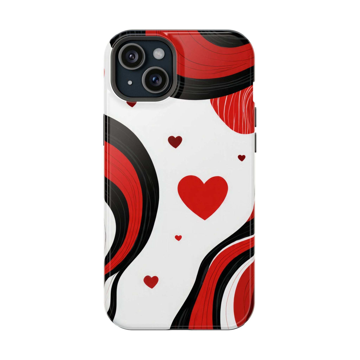 Glossy phone case with red heart and swirl pattern, slim edges and camera cutouts