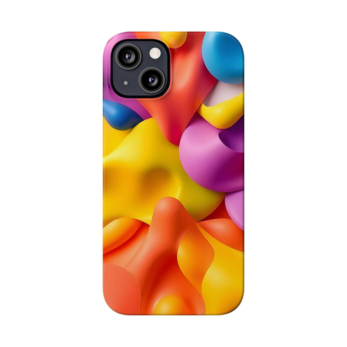 Colorful abstract phone case with camera cutouts, glossy finish, pink blue yellow design