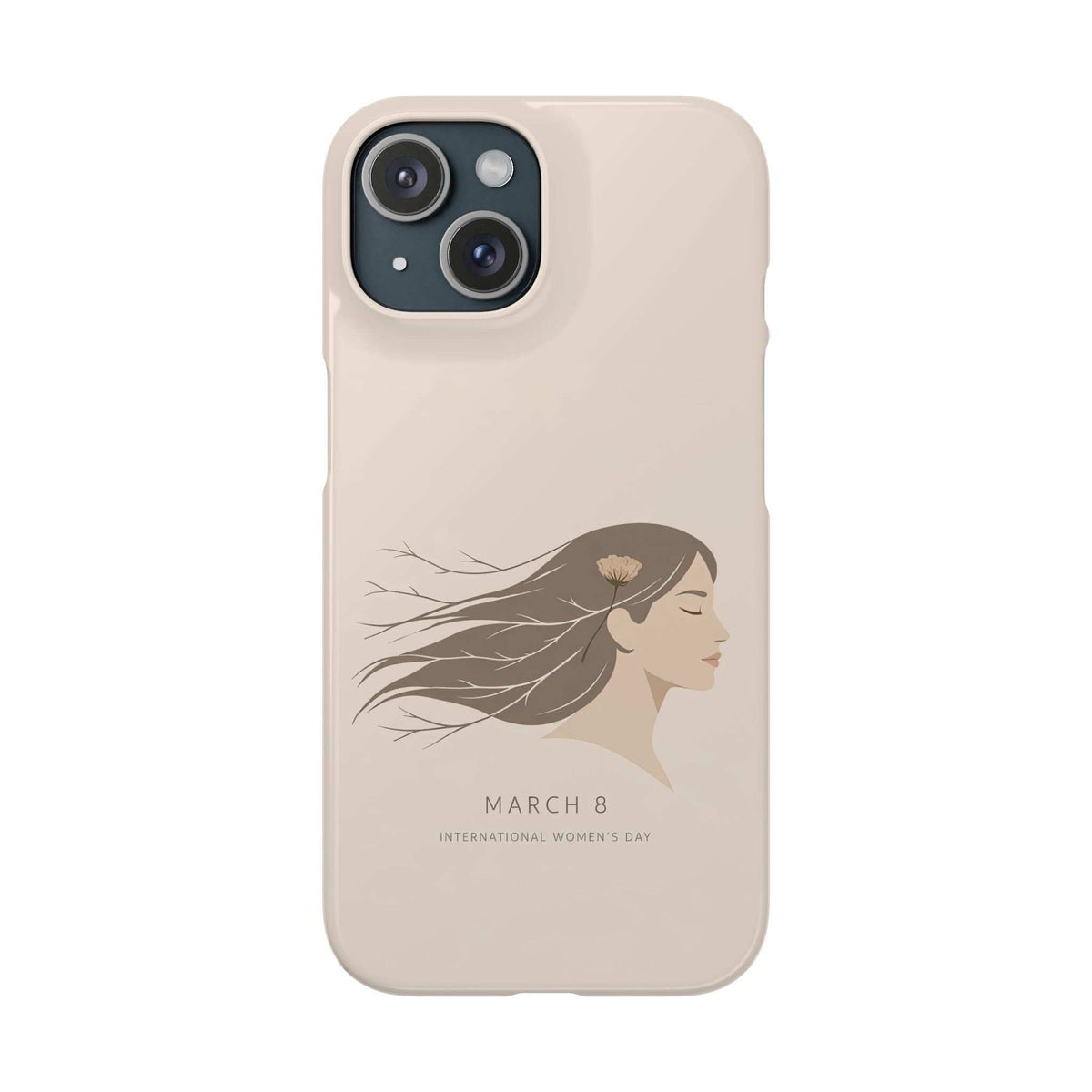 Beige phone case with woman profile graphic and March 8 text; gray camera cutout