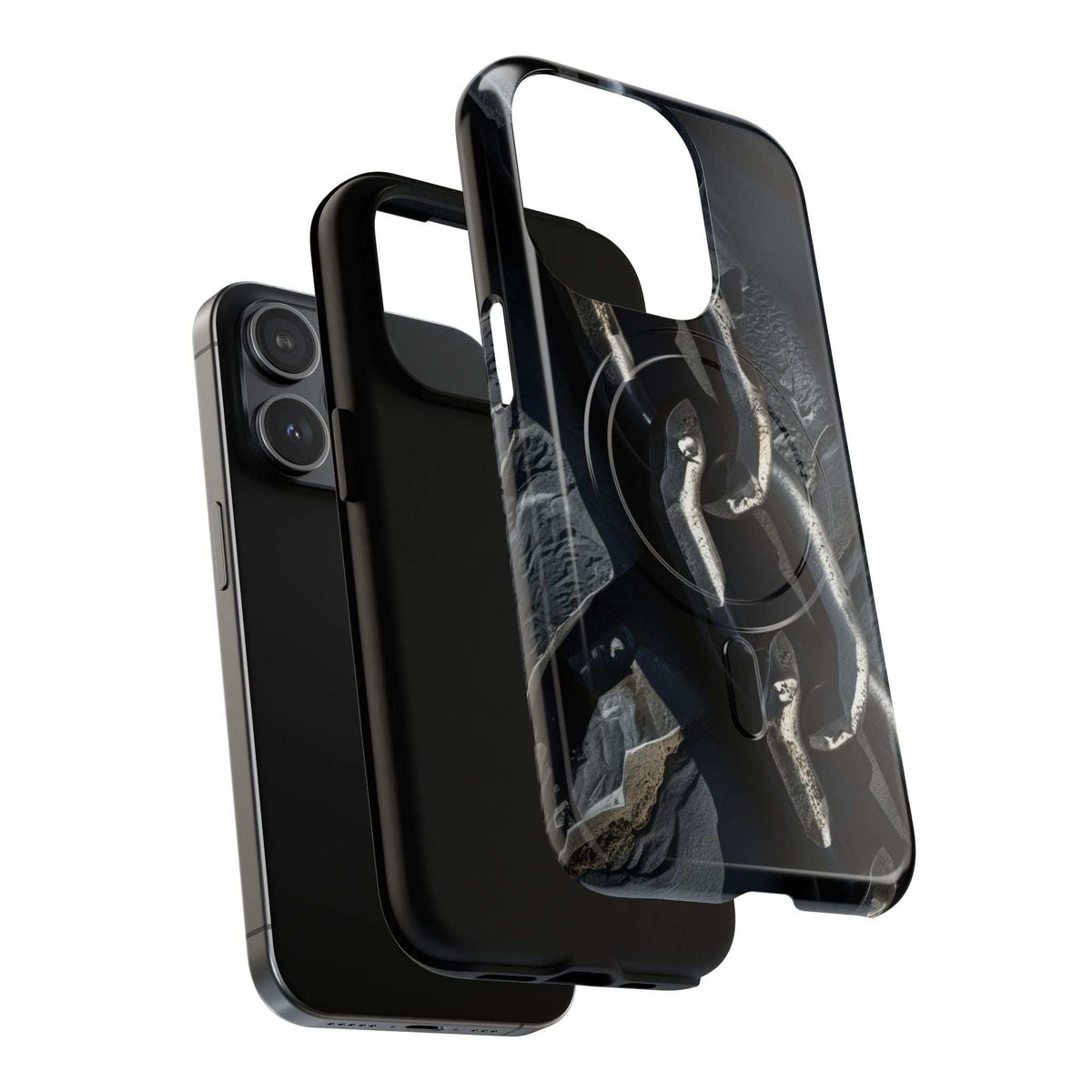 Magnetic phone case with iron chain pattern, dark finish, slim profile with cutouts