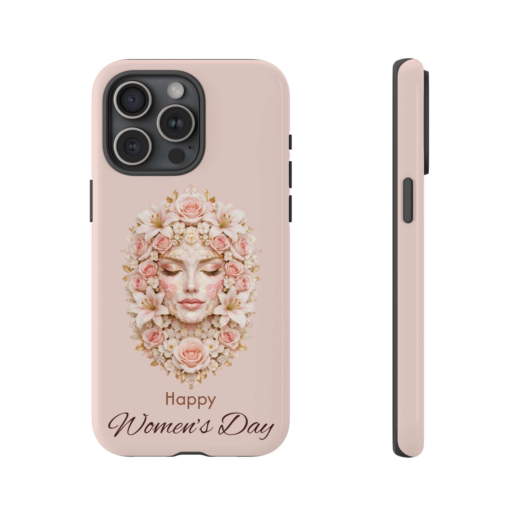 Light pink phone case with floral woman face illustration and 'Happy Women's Day' text; side profile view