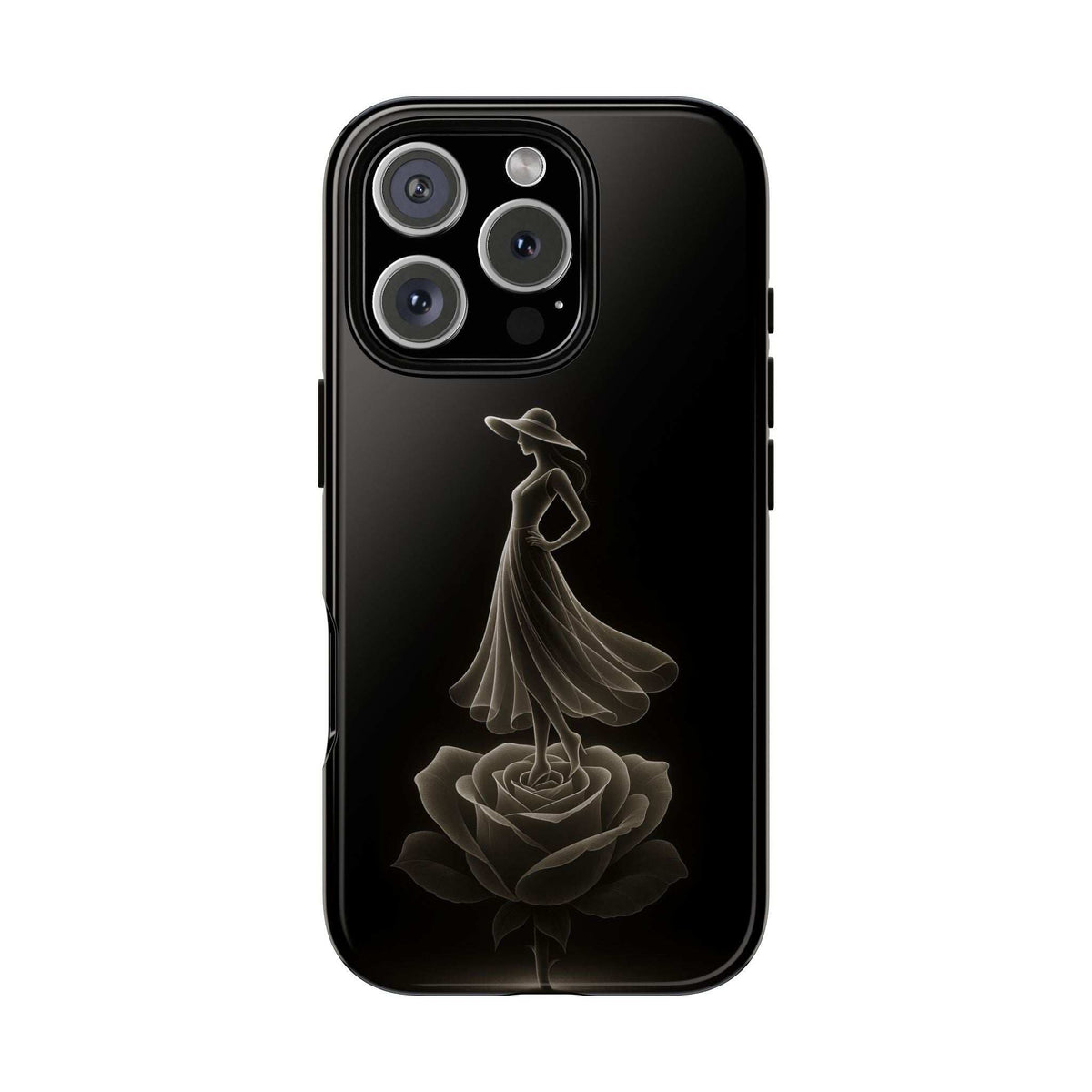 Glossy black phone case with ballerina and rose line art, close camera cutouts