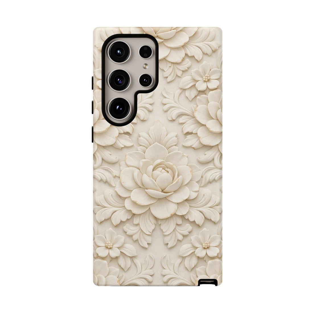 Cream floral embossed phone case with four-camera cutout and volume/port openings