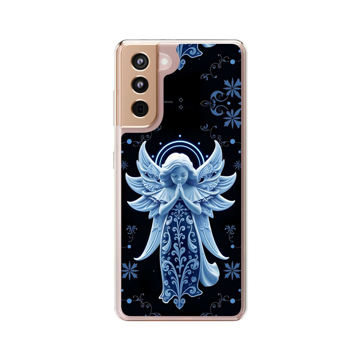 Clear phone case with blue angel prayer graphic and side camera openings