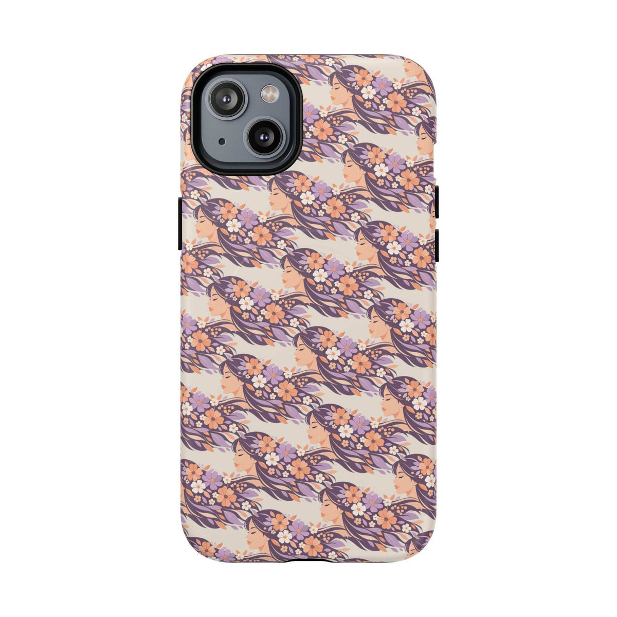 Floral phone case with cherry blossom pattern, rear camera cutouts and raised edges