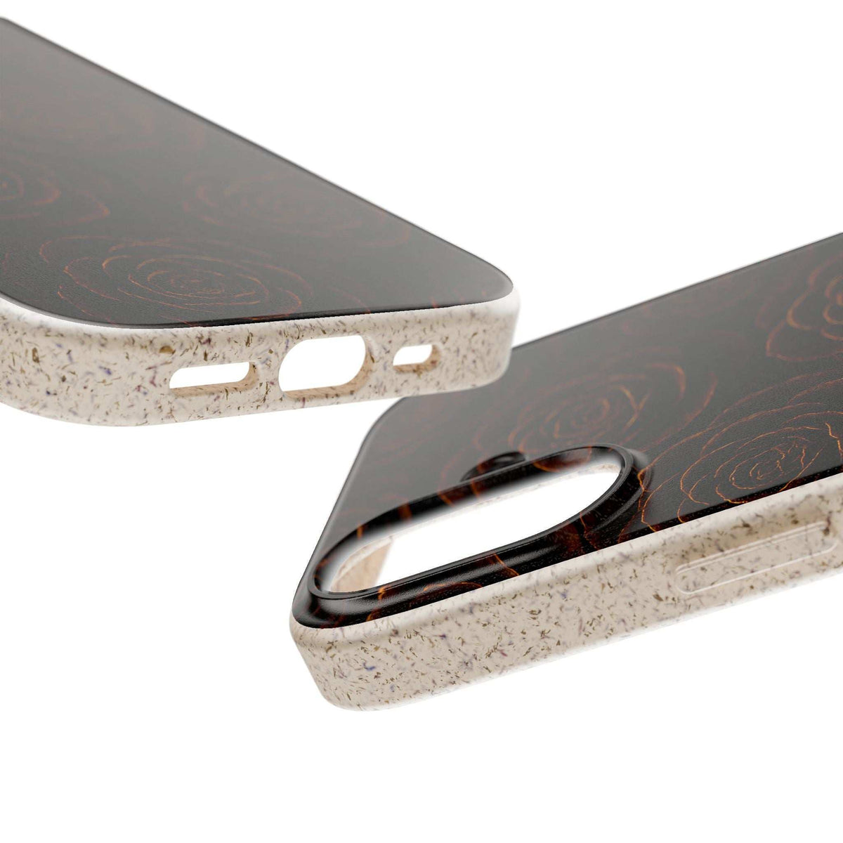 Phone case with rose-pattern backing and speckled bumper side cutouts