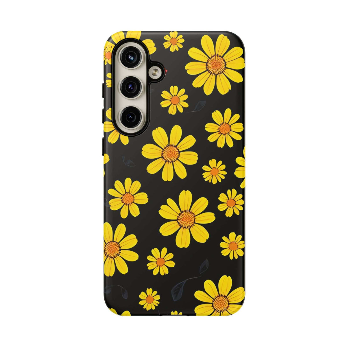 Black phone case with repeating yellow daisy print and protective raised camera frame