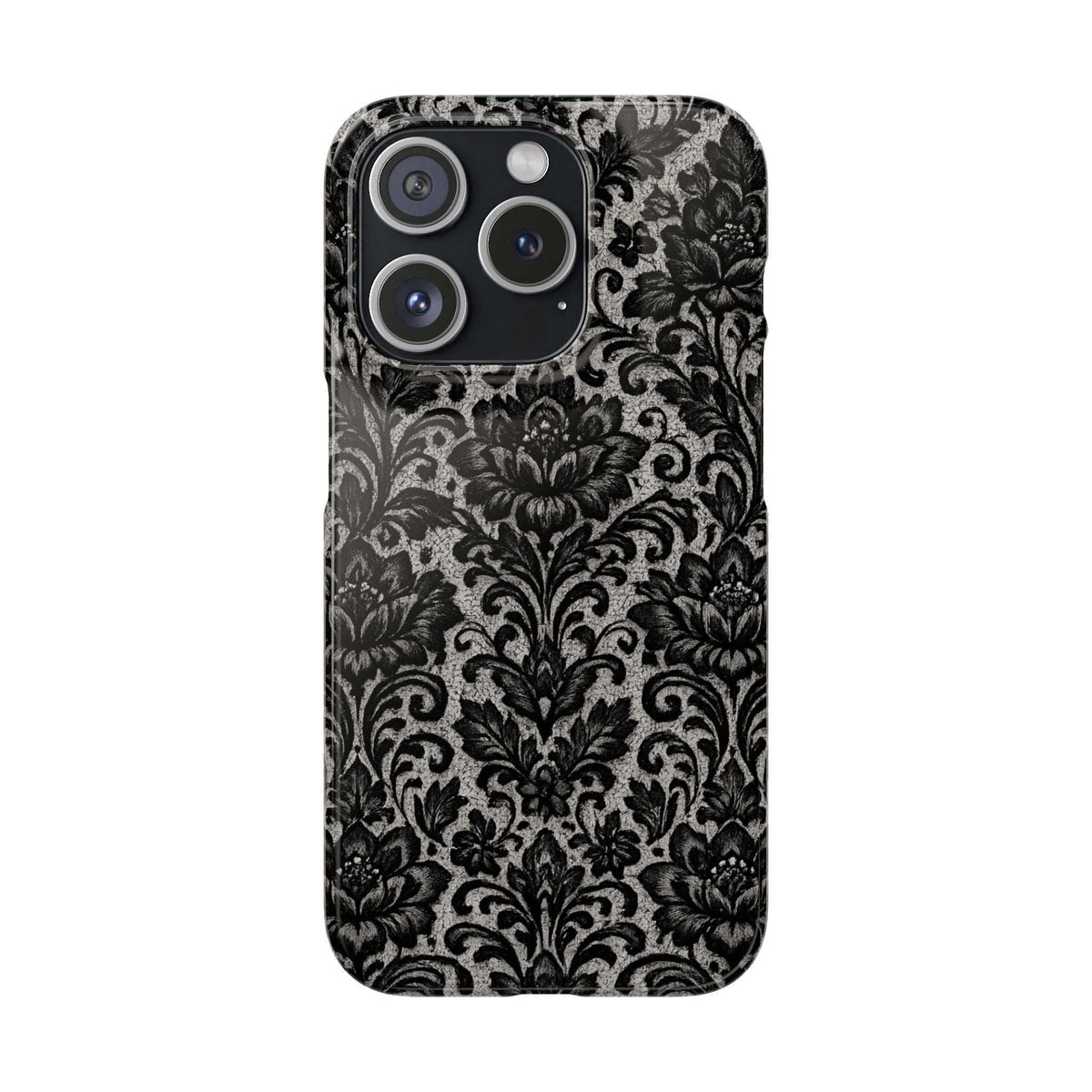 Black damask floral phone case featuring four camera cutouts on the back panel