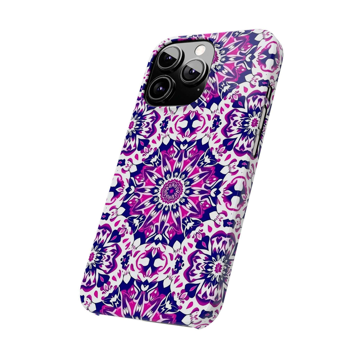 Purple and white mandala phone case with triple camera cutout and textured edges
