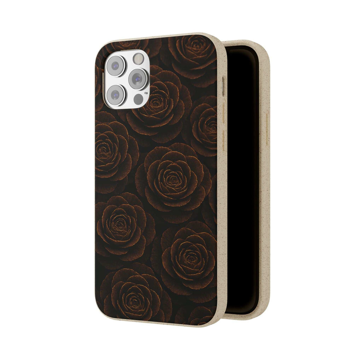 Wooden roses phone case with dark rose pattern and raised camera cutout