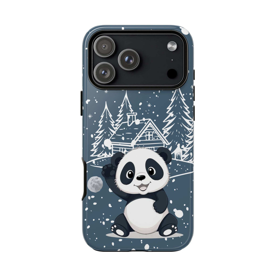 Dark blue iPhone phone case with panda in snowy pine scene, round camera lens openings