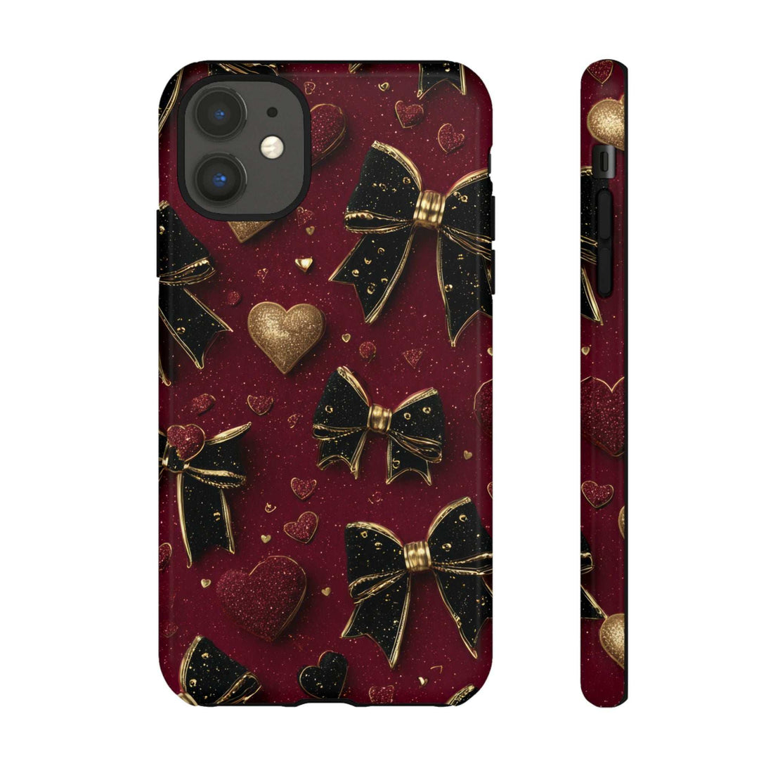 Glossy Valentine charm phone case in maroon with gold hearts and bows, front view.