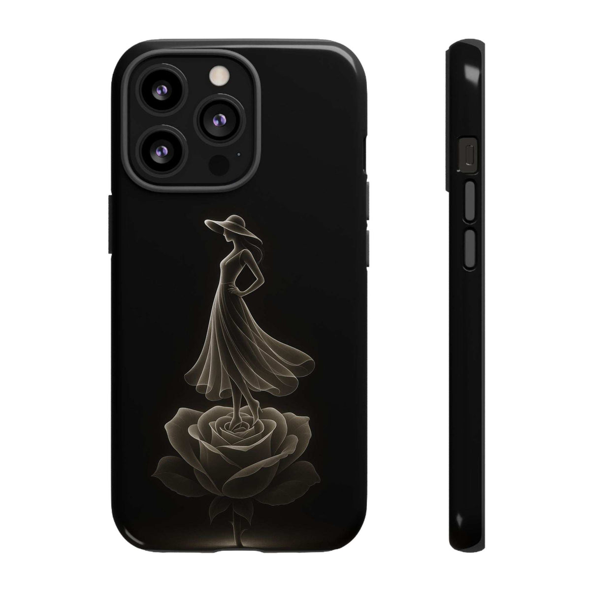 Glossy black phone case back with floral dancer illustration and camera module cutouts