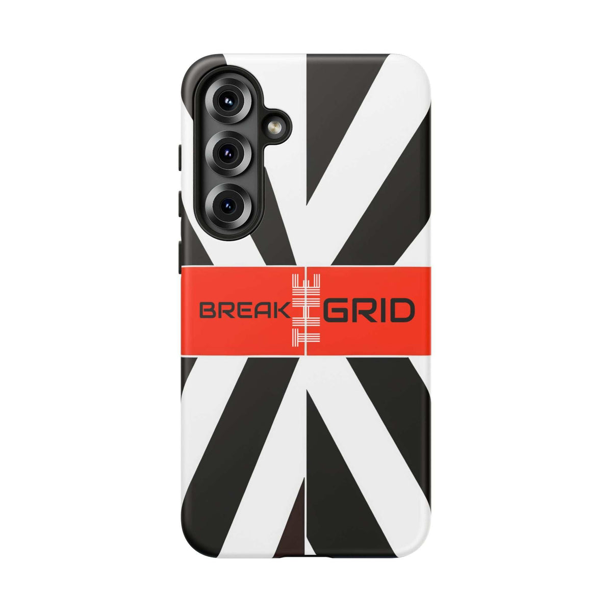 Phone case with black-and-white diagonal stripes, red Break Grid band, triple camera cutout