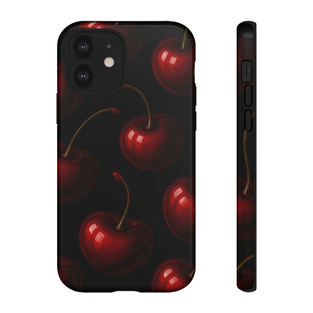 Glossy phone case with dark background and red cherry pattern; camera cutouts shown