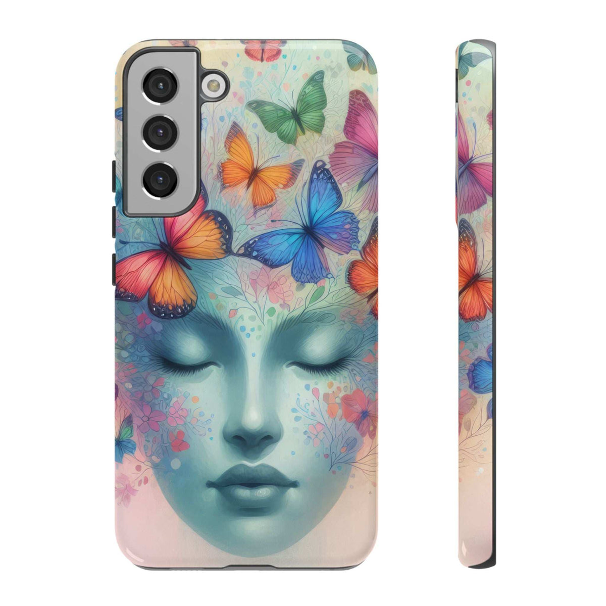 Phone case featuring a butterfly collage over a blue face portrait, with camera openings