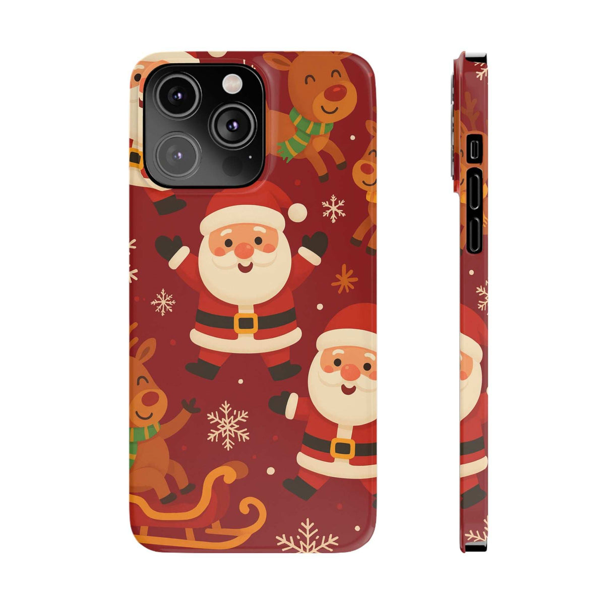 Red Christmas phone case with Santa and gingerbread pattern; camera lens openings.