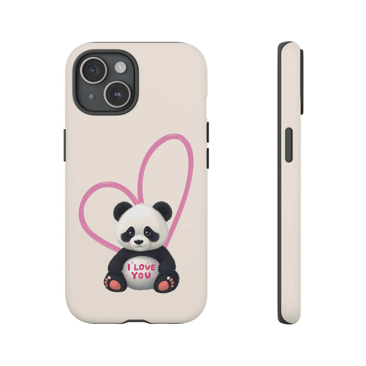 Beige phone case with panda in pink heart and 'I LOVE YOU' text; dual camera cutouts.