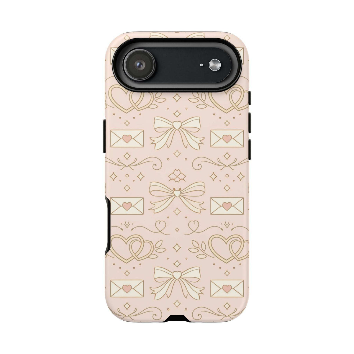 Light pink phone case with heart and bow pattern, single-lens camera cutout