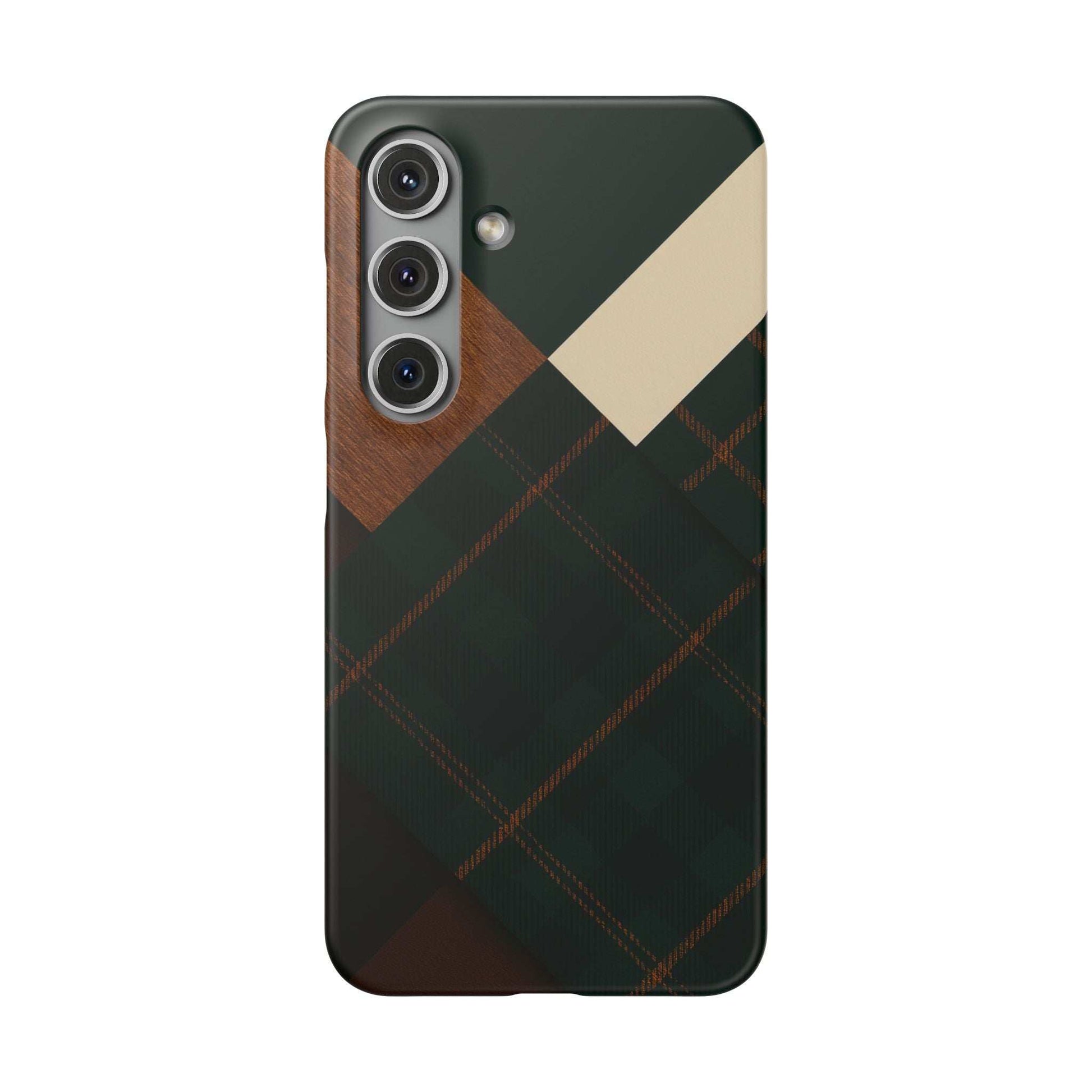 Rustic phone case with green plaid, tan wood-look panel, and cream geometric stripe