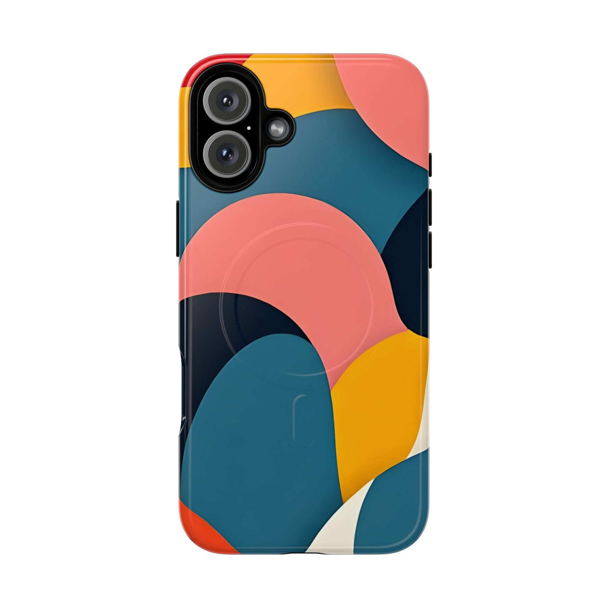 Colorful abstract phone case with coral arcs and teal sections; triple-camera cutout